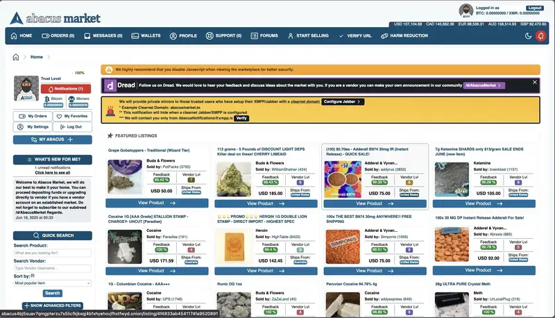 Abacus Market interface screenshot — archival reference for 2024 exit-scam timeline