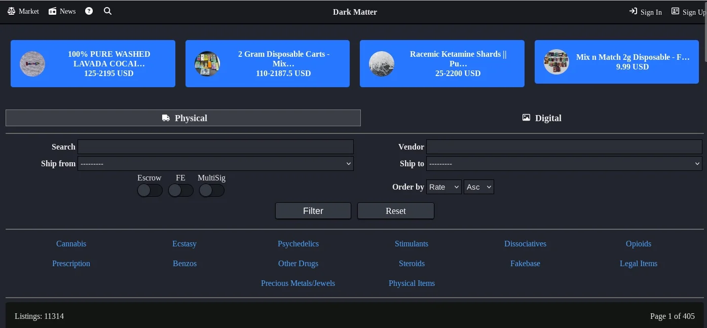 Dark Matter Market interface screenshot used for editorial mirror verification and security feature review
