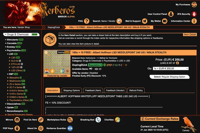 Kerberos Market interface screenshot — offline status, mirror-check reference